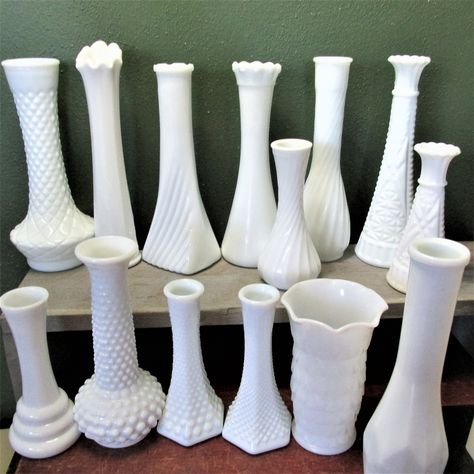 Crystal Glassware Antiques, Milk Glass Decor, Milk Glass Vases, Antique Boutique, Vintage Glassware Antiques, 9 Number, Milk Glass Collection, Hobnail Vase, One Number