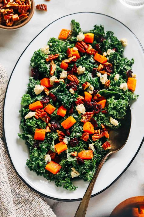 Butternut Squash And Kale Salad, Kale Winter Salad, Salad With Roasted Butternut Squash, Salad With Butternut Squash, Salad With Pecans, Maple Pecans, Harvesting Kale, Butternut Squash Kale, Butternut Squash Salad