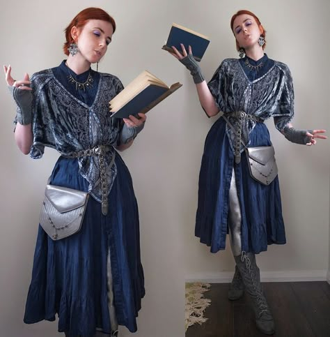 Blue Wizard Robe, Mage Fantasy Outfit, Blue Renfaire Outfit, Fantasy Womans Clothing, Modern Mage Outfit, Magic User Outfit, D&d Fashion, Blue And Blue Outfit, Dragon Rider Clothes