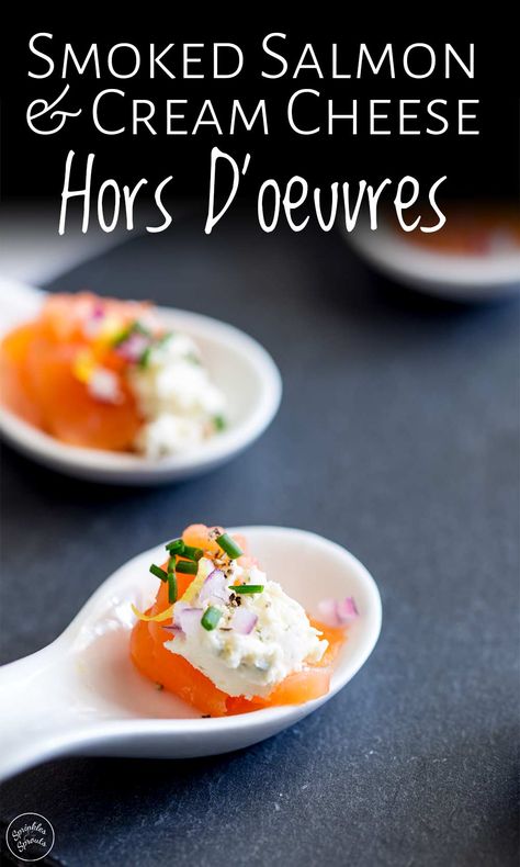 These smoked salmon and cream cheese hors d'oeuvres are the perfect for party appetizers. They look fancy but these simple small bites take seconds to make. You can serve them in amuse spoons or individual small pots and they will keep in the fridge for a couple of hours making them great as an elegant easy make ahead party snack. #partysnack #partyfood #appetizer #smokedsalmonappetizer #quickrecipe #easyappetizer #fingerfood Make Ahead Salmon, Caviar Appetizers, Smoked Salmon And Cream Cheese, Salmon And Cream Cheese, Smoked Salmon Appetizer, Smoked Salmon Cream Cheese, Sprouts Recipes, Salmon Appetizer, Salmon Cream Cheese