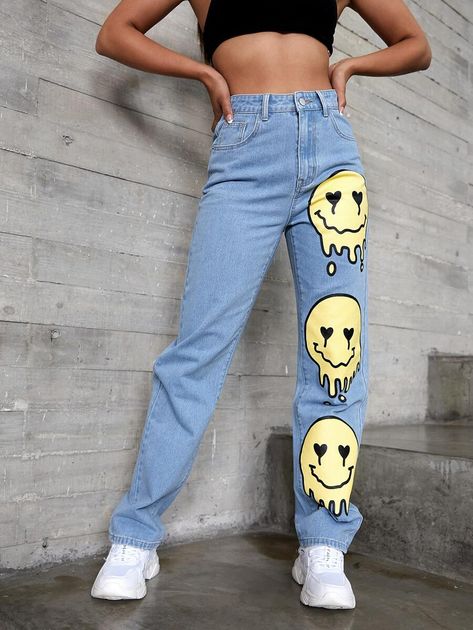 Denim Trousers Women, Custom Jeans, Painted Jeans, High Waist Denim, Outfit Jeans, Painted Clothes, Women Street, Printed Jeans, Denim Trousers