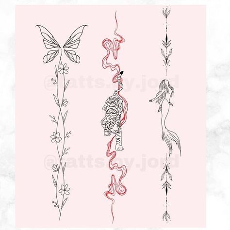 Spine Tattoos For Women Quote With Flower, Spine Tattoos For Women Line Work, Different Spine Tattoos, Spine Design Tattoo, Dainty Feminine Tattoos Spine, Side Spine Tattoo, Femine Tattoo Spine, Spine Stencil Tattoo, Spine Tattoos Drawings