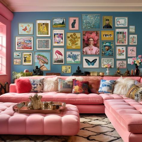 Colorful Gallery Wall, Maximalist Gallery Wall, Maximalist Eclectic, Office Vibes, Deco Pastel, Bedroom 2024, Basement Living, Dream Interior, Apartment Decoration