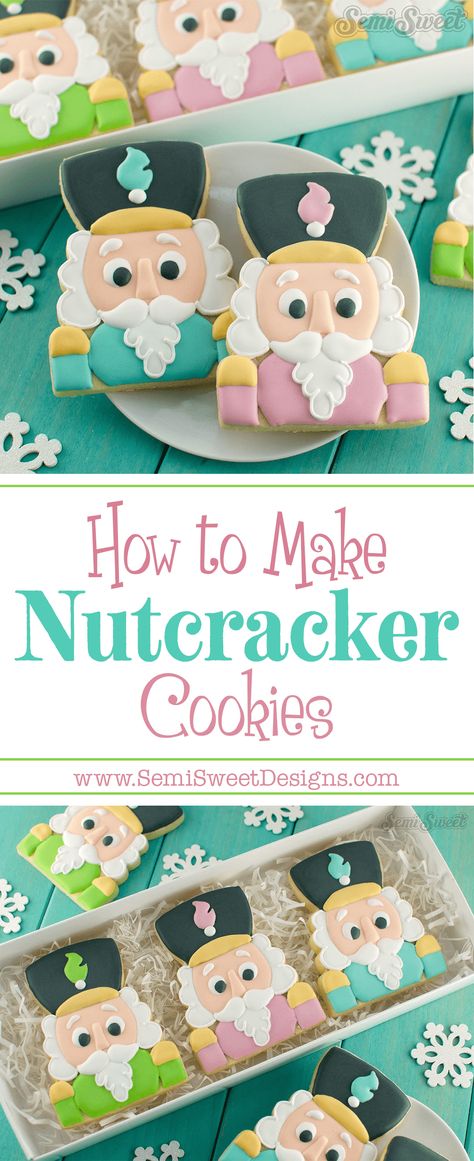 How to Make Nutcracker Cookies Nutcracker Cookies Royal Icing, Nutcracker Cookies, Flood Cookies, Nutcracker Christmas Party, Flooding Cookies, Nutcracker Sweet, Cracker Cookies, Plaque Cookies, Rainbows Christmas