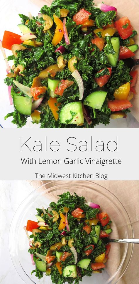 Lemon Garlic Vinaigrette, Marinated Kale Salad, Easy Kale Salad, Marinated Kale, Midwest Kitchen, Garlic Vinaigrette, Bell Pepper Salad, Lunch Homemade, Mediterranean Chickpea Salad