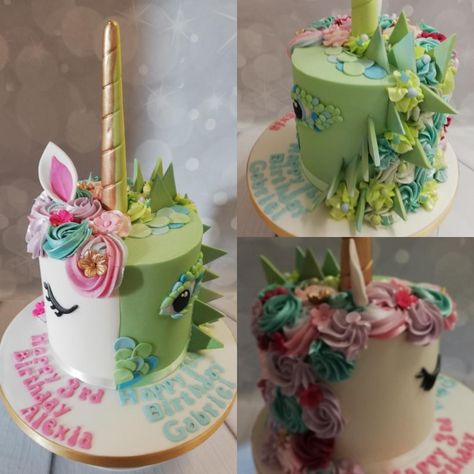 half unicorn half dinosaur cake Dino And Unicorn Party Decorations, Half Unicorn Half Dinosaur Cake, Unicorn Dragon Cake, Dinosaurs And Unicorns Party Decorations, Unicorn And Dragon Cake, Dino Unicorn Cake, Unicorn And Dinosaur Party Decorations, Unicorn Dinosaur Birthday Party, Dinosaur And Unicorn Cake