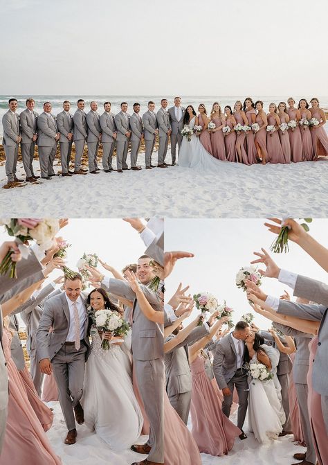 Beach Wedding In The Fall, Beach Wedding Bride Dress, Beach Wedding Group Photos, Bridal Party Beach Photos, Destination Wedding Colors Beach, Beach Wedding Party Attire Color Schemes, Beach Wedding Party Attire, Henderson Beach Resort, Swimming Wedding