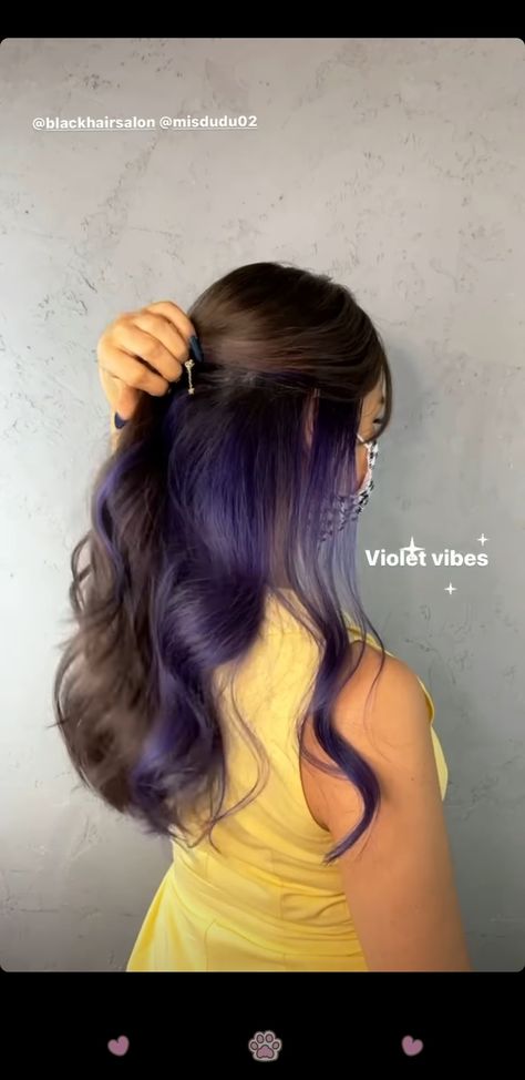 Peekaboo Hair Color Brunettes Purple, Brown And Coloured Hair, Light Brown Hair With Purple Underneath, Vivid Hair Color Peekaboo, Purple Underneath Hair Brown, Under Color Hair Ideas For Brunettes, Purple Peak A Boo Hair, Dark Purple Peekaboo Hair, Neopolitan Hair Highlights