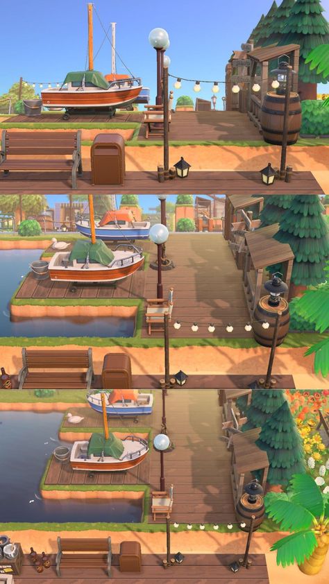 Dock Ideas Animal Crossing, Animal Crossing Things To Build, Animal Crossing Townhall Idea, Boat Area Acnh, Acnh Harbour Ideas, Animal Crossing Yacht Ideas, Yatch Ideas Acnh, Different Animal Crossing Island Aesthetics, New Animal Crossing Ideas