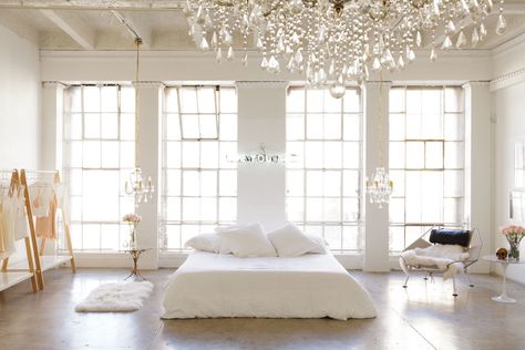 Inside the Feminine Oasis of the Are You Am I LA Loft Bedroom Interior White, Outer Space Bedroom Decor, Outer Space Bedroom, Industrial Decor Bedroom, White Loft, Loft Interiors, Loft House, Trendy Bedroom, The Ceiling