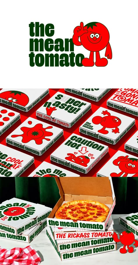 Pizza Box Packaging Design, Pizza Package Design, Pizza Boxes Design, Old School Branding, Pizza Shop Branding, Vegan Food Branding, Fun Food Branding, Pizza Branding Identity, Tomato Packaging Design