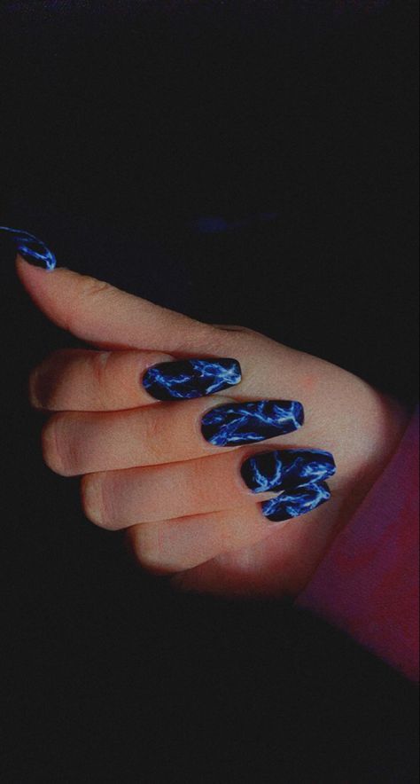 Blue Black Nails Acrylic, Black And Blue Acrylics, Neon Blue And Black Nails, Dark Blue And Black Nails Acrylic, Black Blue White Nails, Royal Blue And Black Nail Designs, Nail Designs Blue And Black, Black And Blue Marble Nails, Black Blue And White Nails