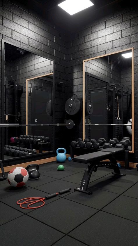 Black Garage Gym, Gym Ideas Design Commercial, Black Home Gym, Gym Setup Ideas, Home Gym Black, Commercial Gym Design, Gym House, Gym Basement, Home Gym Basement