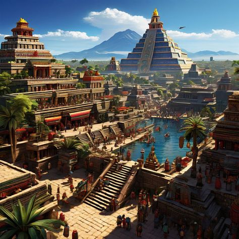 Aztec City Concept Art, Aztec Temple Art, Aztec Structures, Aztec Palace, Aztec Buildings, Aztec Aesthetic, Jungle Bungalow, Aztec Architecture, Aztec Princess