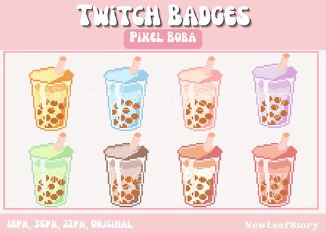 Pixel Emotes, Milk Tea Boba, Twitch Badges, Bubble Tea Boba, Pastel Kawaii, Bubble Milk Tea, Cool Pixel Art, Cute Pastel, Bubble Tea