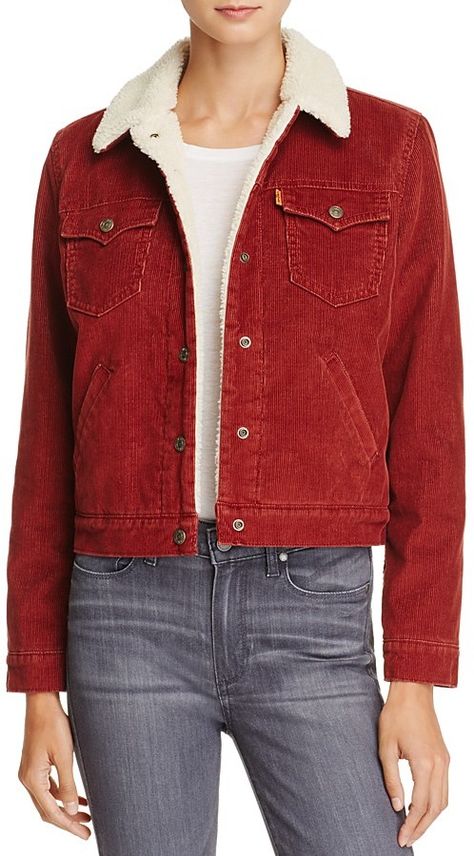 Levi's Orange Corduroy Jacket - very Nancy-esque #StrangerThings ! Would love this :) #affiliate Stranger Things Natalia Dyer, Stranger Things Nancy, Red Denim Jacket, Sherpa Trucker Jacket, Nancy Wheeler, Womens Sherpa, Cold Weather Outfits, Sherpa Jacket, Trucker Jacket