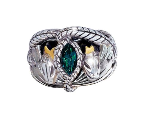 The Ring of Barahir was an ornate silver ring given to Barahir by the Elven king Finrod Felagund, in reward for saving his life in the Dagor Bragollach. It was a sign of eternal friendship between Finrod and the House of Barahir, and became an heirloom of Barahir's kin. The ring was described as the likeness of two serpents intertwined with eyes made of green jewels. This was the symbol of the House of Finarfin. The serpents met beneath a crown of golden flowers that one upheld and one devoured. Ring Of Barahir, Aragorn Ring, Batman Green Lantern, Into The West, Marvel Daredevil, Weta Workshop, Lilo Et Stitch, The Lord Of The Rings, Disney Merchandise