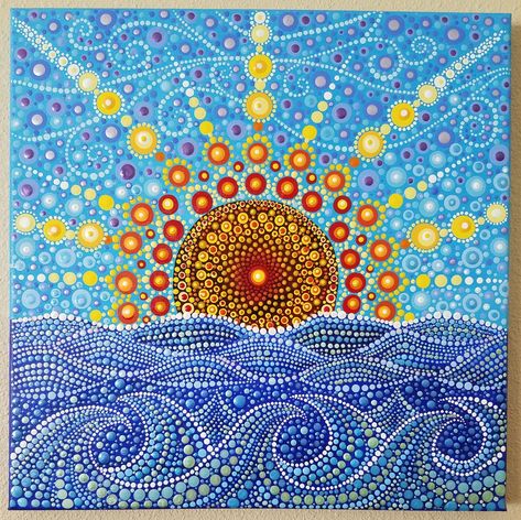 Dot Landscape Painting, Mermaid Dot Painting, Dot Art Painting Landscape, Beach Dot Art, Ocean Dot Painting, Sun Dot Art, Abstract Dot Art, Acrylic Dot Painting Ideas, Mandela Rock Painting