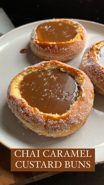 Vegan Custard Buns, Chai Custard, Seema Pankhania, Chai Caramel, Custard Tarts Recipe, Bakery Aesthetic, Custard Buns, Caramel Custard, Cream Bread