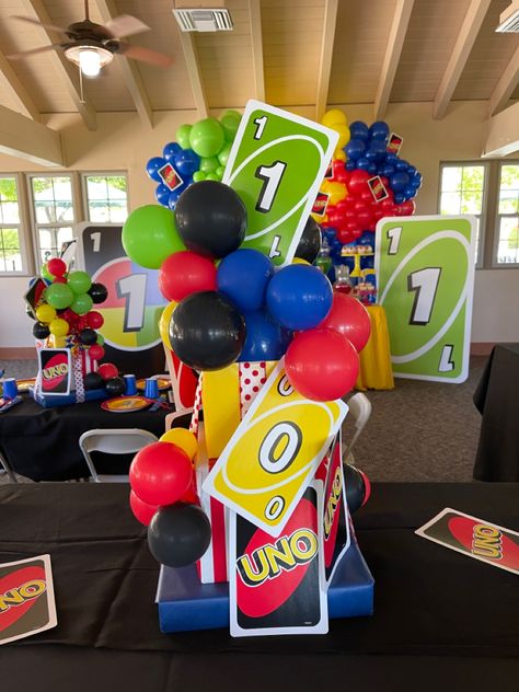 Uno Party, First Birthday Party, First Birthday Ideas, First Birthday Boy, Uno Party Decorations Uno Room Decor, Uno Party Ideas, Uno Decorations, Uno Theme Centerpieces, Uno Party Centerpieces, Diy Uno Party Decorations, Uno Birthday, Uno Party, Uno Card Game Birthday Party Theme