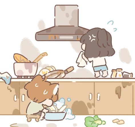 Cleaning Drawing, Purrfect Tale, Chibi Couple, School Organization Notes, Cute Tumblr Wallpaper, Chibi Drawings, Washing Dishes, Cute Chibi, Drawing Skills