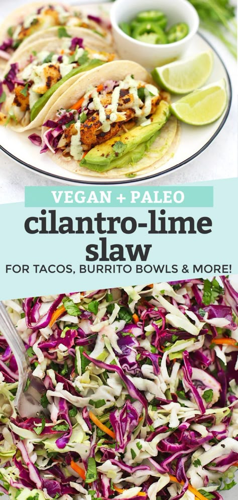 Cilantro Lime Slaw for Tacos, Burrito Bowls, and More! This Honey Lime Slaw tastes AMAZING on all things Tex-Mex. Taco Slaw // Slaw for Fish Tacos // Lime Slaw #tacos #slaw #fishtacos #sidedish #burritobowl #cabbage Lime Slaw For Tacos, Cilantro Lime Slaw For Tacos, Honey Lime Slaw, Cabbage Slaw For Tacos, Slaw Tacos, Slaw For Tacos, Taco Slaw, Slaw For Shrimp Tacos, Slaw For Fish Tacos