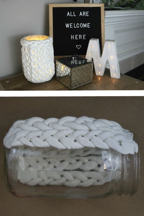 Check out my most recent craft tutorial! This DIY is inspired by the chunky knit blanket trend and the ever evolving mason jar trend.  I used air dry clay and you could use polymer clay as well. Basically, I braided the clay and placed it onto the mason car to create a farmhouse minimalist candle holder. I put twinkly string lights in mine however instead of a real candle. Polymer Clay Candle Holder Diy, Air Dry Clay Candle Holder Diy, Polymer Clay Candle Holder, Candle Jars Crafts, Clay Candle Holders Diy, Polymer Clay Candle, Diy Incense Holder, Baking Polymer Clay, Clay Candle Holders