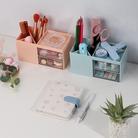 This multifunctional organizer and storage option is incredibly versatile. It can be used as a skincare organizer for your vanity, a brush holder, a chic office supplies organizer, a makeup storage box, or even as room décor to match a clean-girl aesthetic or trendy teen style, making it a great gift choice. Found on Amazon for 10 bucks Chic Office Supplies, Storage With Drawers, Skincare Organizer, Desk Makeup, Clear Makeup Organizer, Teen Style, Organizer Ideas, Clear Makeup, Makeup Storage Box