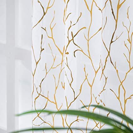 White Voile Curtains, Gold Tree Branches, Gray Sheer Curtains, Girls Bedroom Curtains, White Sheer Curtains, Gold Curtains, Voile Curtains, Gold Tree, Beautiful Curtains