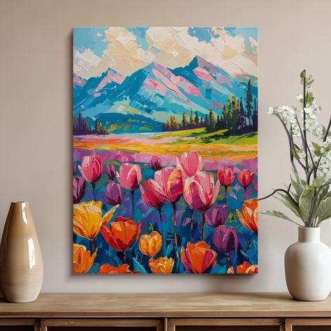 Feeling like your walls need a major glow up? ️ This ain't your grandma's floral print! ️ Let's be honest, staring at bare walls is enough to wilt anyone's spirits But what if you could inject some serious vibrancy and drama into your space with just one piece? This epic "Chroma Bloom & Majestic Vista" canvas is here to be your home decor hero! ‍♀️ Imagine the compliments rolling in when your guests see this explosion of color and texture. It's the perfect conversation starter that combines ... Flower Landscape Painting, Acrylic Painting Landscape, Color And Texture, Drawing Wallpaper, Book Illustration Art, Wall Paint Designs, Textured Canvas Art, Small Canvas Art, Simple Acrylic Paintings