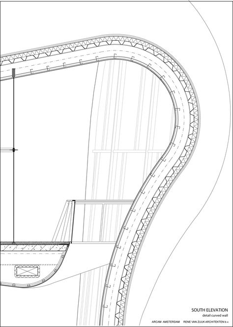 ARchitecture Centre Amsterdam (ARCAM), Oosterdok, Netherlands by René van Zuuk Architekten Catenary Architecture, Detail Architecture Drawing, Wood Pavilion, Wall Section Detail, Details Drawing, Detail Drawing, Concrete Architecture, Roof Construction, Space Frame