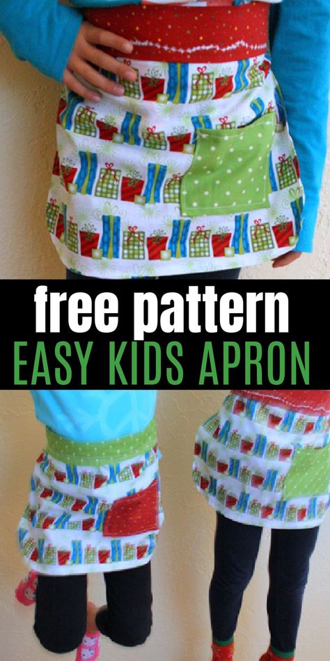 How to make a child's Christmas apron for baking Christmas cookies. The kids can even sew their own. Quick and easy beginner sewing project with free apron pattern. https://www.raegunramblings.com/20-minute-child-sized-apron-tutorial-free-pattern/ Free Child’s Apron Pattern, Half Apron Pattern Free Easy, Childs Apron Pattern Free, Sewing For Kids Projects, Toddler Apron Pattern Free, Kids Kitchen Diy, Apron Patterns Free, Kids Apron Pattern Free, Childrens Apron Pattern