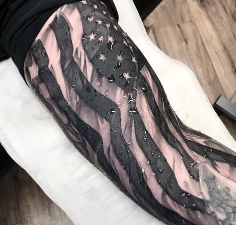 Black And White American Flag Back Tattoo Cover Up Ideas, Flag Sleeve Tattoo, American Flag Sleeve Tattoo, American Flag Tattoos, Black Sleeve Tattoo, Lower Back Tattoo, Flag Tattoos, Patriotic Tattoos, Army Tattoos