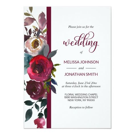 Floral Burgundy Marsala Red Wine Roses Wedding Invitation | Zazzle.com Merlot Wine, Wedding Invitation Size, Rose Wedding Invitations, Watercolor Floral Wedding Invitations, Roses Wedding, Watercolor Wedding Invitations, Burgundy Wedding, Wedding Announcements, Wedding Invitation Design