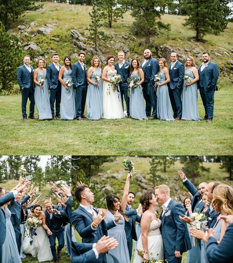 Pale dusty blue wedding party suits and dresses for Hill City, South Dakota wedding - maddiepeschong.com Dusty Blue Bridesmaid Dresses With Grey Groomsmen, Dusty Blue Wedding Groom, Dusty Blue Wedding Aesthetic, Steel Blue Bridesmaid Dresses Grey Suits, Slate Blue Wedding Party, Dusty Blue Bridesmaid Dresses And Black Suits, Dusty Blue Bridesmaids Grey Groomsmen, Dusty Blue Bridesmaid Dresses And Tan Suits, Pale Blue Wedding Theme