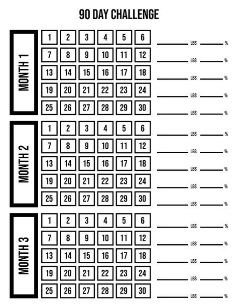 I created this 90 day challenge tracker with weekly (every 6 days) weight and body fat percentage changes. I used it to track a 90 day elimination diet and wanted to see my weight changes each week. Un Diet 90 Days, Body Coach 90 Day Plan, 90 Day Savings Challenge, 90 Day Challenge Ideas, 90 Days Challenge Calendar, 90 Day Tracker, 90 Day Challenge Tracker, 90 Days Challenge, Bullet Journal Templates