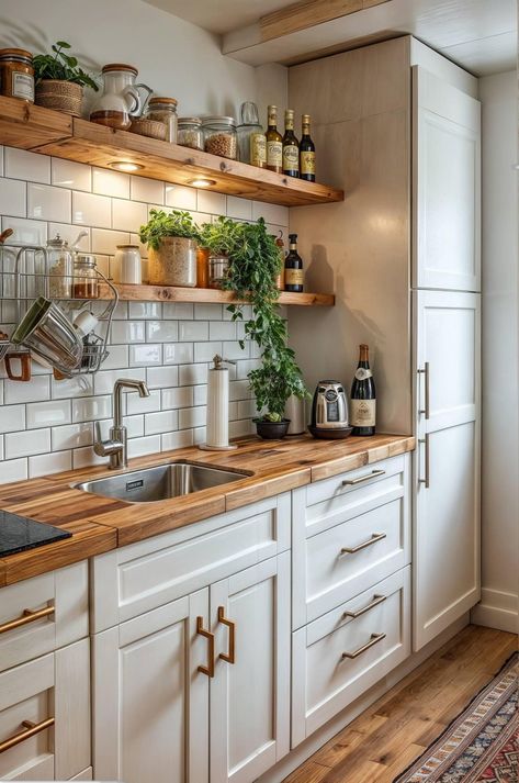 Small Cottage Kitchen, Small Kitchen Decor, Boho Kitchen, Tiny Kitchen, Trendy Kitchen, Cottage Kitchen, White Kitchen Cabinets, Kitchen Makeover, White Cabinets