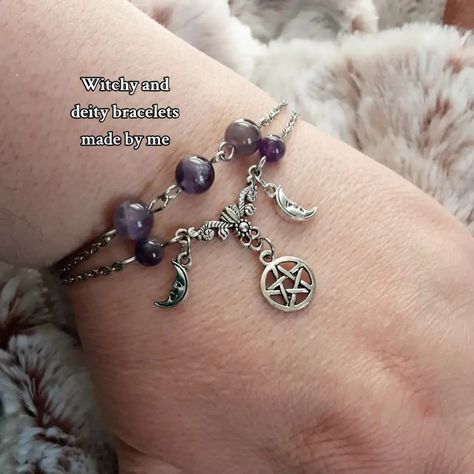 Deity dedication bracelets I make witchy style bracelets as well as deity bracelets, lots of styles and commissions are open! #bracelets #deity #deitytok #gemstonejewelry #commissionsopen #loki #fenrir #hermes #persephone #Dionysus #demeter Loki Fenrir, Witchy Designs, Witchy Style, Stone Bracelets, Witchy Fashion, Natural Stone Bracelets, I Design, Prayer Beads, Big Sale