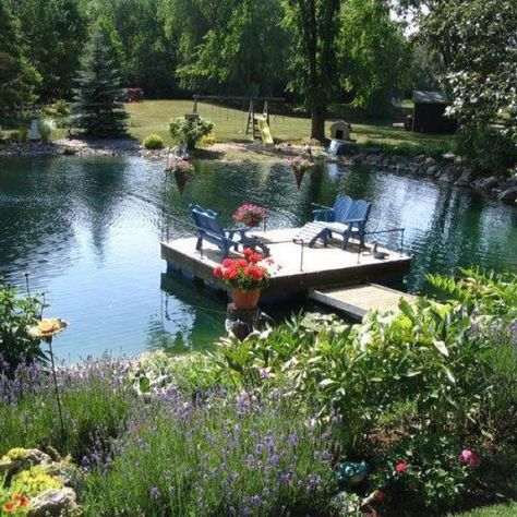 Peaceful!!! Big Pond, Dream Garden Backyards, Farm Pond, Deck Fire Pit, Natural Swimming Ponds, Outside Pool, Outdoor Ponds, Dream Deck, Swimming Pond