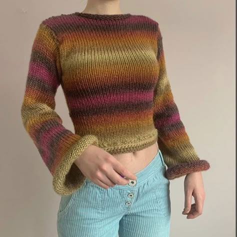 Women Rainbow Aesthetic Fitted Bell Long Sleeve Rainbow Striped Knit Crop Top Pullover Sweater - Walmart.com Hippie Tops, Rainbow Sweater, Crochet Inspo, Collars For Women, Crochet Crop Top, Casual Sweaters, Knitted Pullover Sweaters, Fall Sweaters, Vintage Knitting