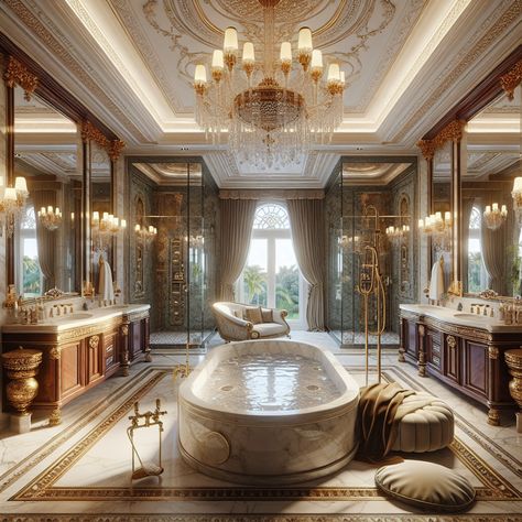 Step into a royal bathroom graced with a gleaming marble bathtub, gold inlay platform, and crystal chandeliers. Bask in luxury with the mahogany double vanity, gold-trim rain shower, and lavish cedarwood sauna. Surround yourself with lush garden views and sink into a plush chaise lounge. #LuxuriousBathroom #OpulentDesign #RoyalBathroom #MarbleBathtub #GoldInlay #CedarwoodSauna. Gold Bathroom Design, Royal Bathroom Luxury, Marble And Gold Bathroom, Dark Royal Bathroom, Annie Moon, Aesthetic Mansion Bathroom, Dream Bathroom Luxury, Huge Bathtub Luxury, Royal Bathroom Aesthetic Dark