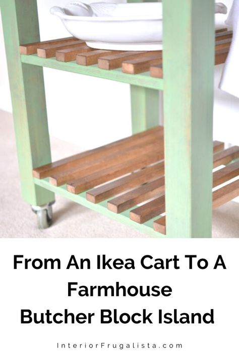 We found this IKEA cart on an online auction. We have very little kitchen space, so I knew it would be perfect to create a small kitchen island. #ikeamakeover #ikea Kitchen Cart Ideas Diy, Ikea Bekvam Cart, Farmhouse Butcher Block Island, Kitchen Cart Decor, Kitchen Cart Ideas, Slat Shelves, Kitchen Island Hack, Small Kitchen Cart, Ikea Kitchen Cart