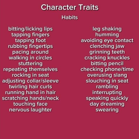 Character Nervous Ticks, Character Interests List, Book Writing Characters, Oc Character Description, Writing A Character Description, Good Character Habits, Cute Character Traits, Introducing New Characters, Words To Describe Character Traits