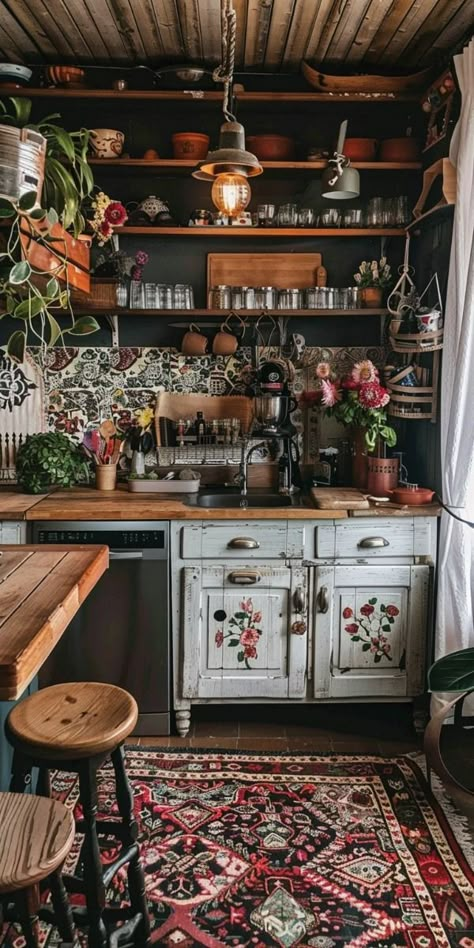 Eastern European Kitchen Aesthetic, Salvage Kitchen Cabinets, Witchy Farmhouse Kitchen, Cottagecore Kitchen Witch Aesthetic, Gothic Cottagecore Aesthetic Kitchen, Outlander Kitchen Ideas, Moody Cottage Core Kitchen, Witchy Cottage Core Aesthetic, Whimsigoth Kitchen Aesthetic