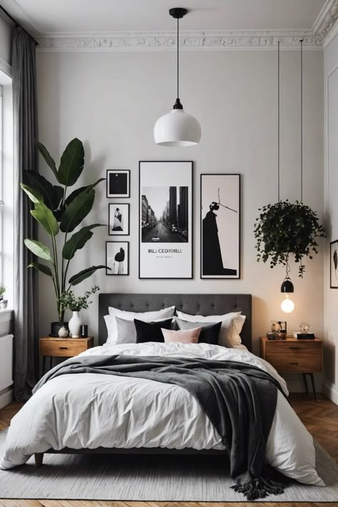 Master Guest Bedroom, Bedroom Inspirations Black Bed, Bedroom With Black Furniture Ideas, Plant Wall Bedroom Ideas, Guest Bedroom Ideas Minimalist, Black Bedroom With Plants, Ikea Guest Bedroom Ideas, Industrial Bedroom Decor Ideas, Bedroom Ideas With Black Bed