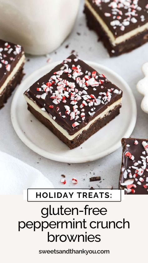 Our Gluten-Free Peppermint Crunch Brownies (aka Christmas Brownies or Peppermint Bark Brownies!) are made with layers of chewy gluten-free brownies, peppermint frosting, an easy chocolate ganache & crunchy bits candy cane! They're the perfect gluten-free brownies for the holidays. Try adding them to a gluten-free cookie exchange or holiday treat plate for a little extra holiday cheer! Dairy Free Dessert Christmas, Peppermint Bark Brownies, Gluten Free Christmas Treats, Brownies Christmas, Peppermint Brownies Recipe, Gluten Free Desserts Holiday, Crunch Brownies, Gluten Free Cookie Bars, Gluten Free Christmas Desserts