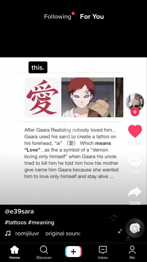 Garra Tattoo Naruto Meaning, Gara Love Tattoo, Gara Tattoos Naruto, Love Japanese Tattoo, Gara Tattoos, Forehead Tattoo, Gaara Tattoo, Japanese Tattoo Words, Small Dragon Tattoos