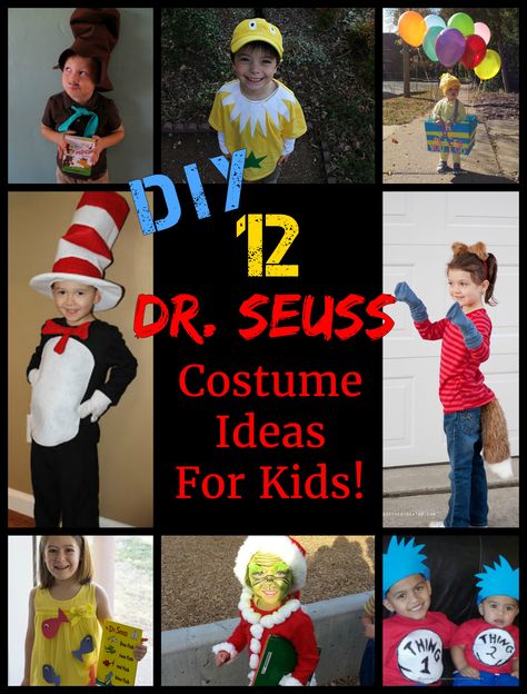 12 DIY Dr. Seuss Costume Ideas for Kids! Amazing Dr Seuss costumes kids will love to wear, and that are EASY for parents to make!   Cat in the Hat Costume, Thing 1 and Thing 2 Costumes, and more! Dr Seuss Costume Ideas, Dr Seuss Diy Costumes, Dr. Seuss Costumes, Dr. Suess, Dr Suess Characters, Seuss Costumes, Dr Seuss Costumes, Storybook Character Costumes, Dress Up Ideas