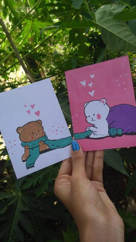 Milk And Mocha Bear Canvas Painting, Mini Canvas Art For Couples, Matching Canvas Paintings For Friends, Couple Painting Ideas Cartoon Easy, Mini Canvas Art Couple, Bff Painting Ideas On Canvas, Duo Painting Ideas, Matching Canvas Paintings, Double Canvas Painting Ideas