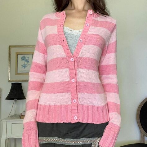 Dourbesty 2000s Sweet Cute Pink Cardigan Y2k Women Button Up Stripes Long Sleeve Knit Tops Fairycore E-girls Sweater Streetwear - Cardigan - AliExpress Sweaters Preppy, Casual Cardigan Sweater, Cardigan Rosa, Cardigans Sweater, Spring Knitwear, Cardigan Y2k, Sweater Streetwear, Upscale Fashion, Fall Streetwear